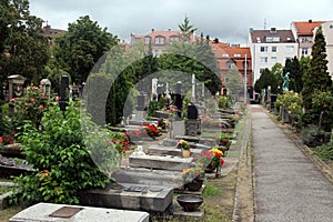 Nuremberg, Germany - August 27, 2023: Historical Johannisfriedhof cemetery, with graves of Albrecht Durer, Ludwig Feuerbach and