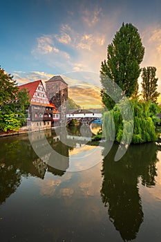 Nuremberg, Germany at Hangman`s Bridge on the Pegnitz River