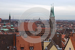 Nuremberg, Germany, January 2020. Panoramic top view of the old town of Nuremberg. City landscape