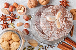 Nuremberg gingerbreads with nuts almonds, hazelnuts, walnuts in chocolate and sugar glaze