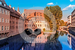 Nuremberg old town at sunset on the banks of the Pegnitz river. Tourist attraction