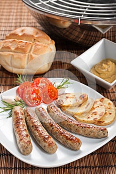 Nuremberg sausages or Bratwurst on plate.