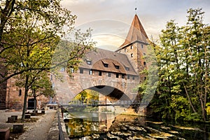 Nuremberg, Schlayer Hallergate Bridge over the Pegnitz River. Franconia, Germany