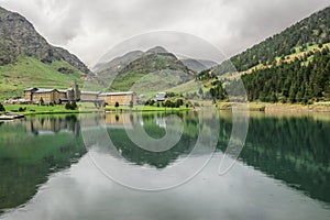 Nuria Sanctuary and reflection in the catalan pyrenees.Spain