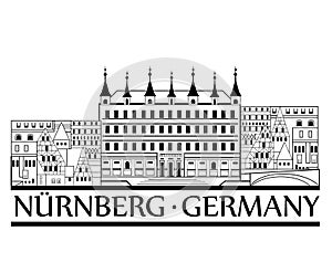 Nurnberg city view. Travel Germany label.