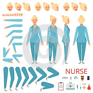 Nurse animation character. Hospital female doctor body parts and professional items vector mascot creation kit