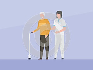 Nurse assistant help old man or elder to walk with simple flat concept