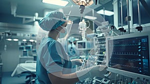 Nurse Carefully Adjusting Advanced Medical Equipment in a Modern Hospital Room with Warm Lighting and Inviting Atmosphere