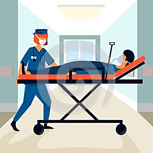 The nurse carries the patient on a hospital stretcher. Coronavirus, pandemic epidemic and treatment