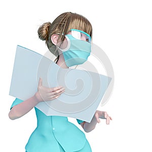 Nurse cartoon is holding a book and is also giving instructions in white background