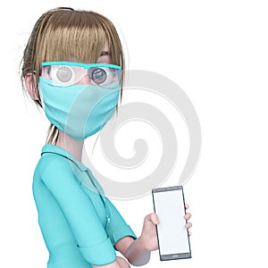 Nurse cartoon is holding a cellphone and showing the news in white background