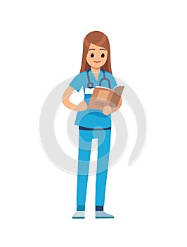 Nurse cartoon medical staff. Female doctor in blue uniform and stethoscope, surgeon or pharmacist standing, dentist