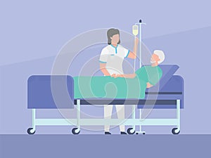 Nurse check patients infuse with old man lying on bed with simple flat style photo