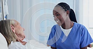 Nurse, conversation and senior woman in hospital bed for support, healthcare and consultation. Medical, caregiver and