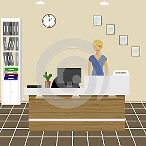 Nurse counselor administrator office worker secretary behind the reception area