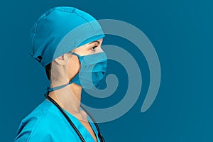 Enfermero azul una mujer cuidado de la salud médico 