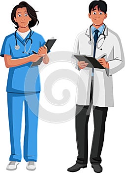 Nurse and doctor with clipboards. photo