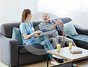 nurse doctor senior care brochure showing caregiver help assistence retirement home nursing elderly man