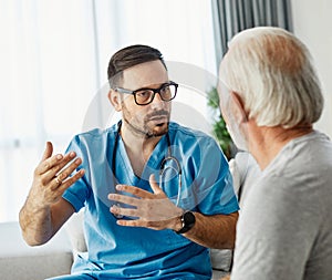 nurse doctor senior care caregiver help assistence retirement home nursing elderly health support man happy talking