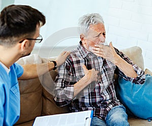 nurse doctor senior care caregiver help assistence retirement home nursing elderly man disease pain cough illness chest