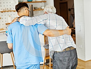 nurse doctor senior care caregiver help assistence walking cane stick retirement home nursing support man
