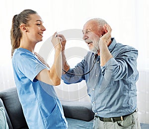nurse doctor senior care caregiver help check exam fun funny humor retirement home stethoscope nursing elderly man woman