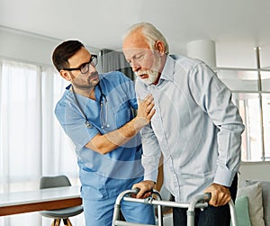 nurse doctor senior care caregiver help walker assistence retirement home nursing elderly man hospital clinic home