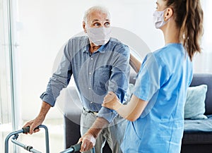nurse doctor senior care caregiver help walker assistence retirement home nursing man virus mask corona
