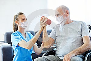 nurse doctor senior care exercise physical therapy mask virus help assistence retirement man protection