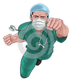 Superhero Nurse Doctor in Scrubs Flying Super Hero