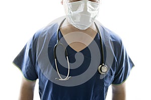 Nurse or doctor wearing scrubs, mask and stethascope photo