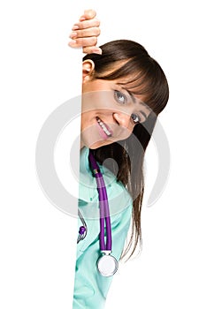 Nurse doctor woman smile hold blank card board