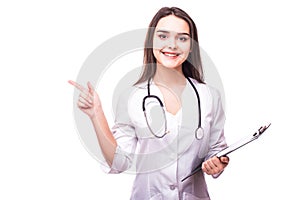 Nurse doctor woman smile with stethoscope, hold hand showing something on the open palm,