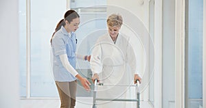 Nurse, elderly woman and walker for helping hand, show or support for guide in rehabilitation at clinic. Medic, elderly