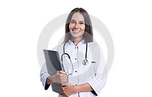 nurse with emedicine laptop in studio. photo of nurse hold laptop for emedicine wear white coat