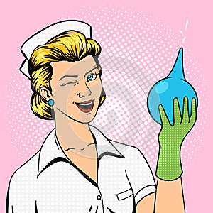 Nurse with enema comic book style vector photo