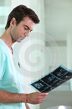 Nurse examining x-ray image