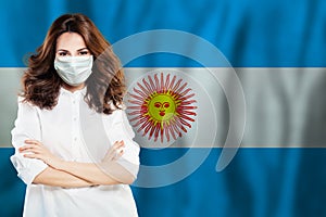 Nurse with face mask against national flag Argentina. Flu epidemic and virus protection concept