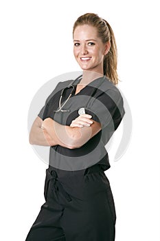 Nurse facing left in black scrubs