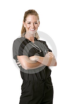 Nurse facing right in black scrubs