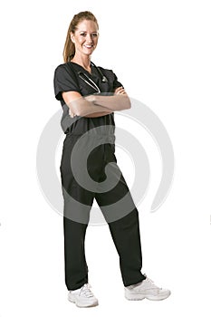 Nurse facing right in black scrubs