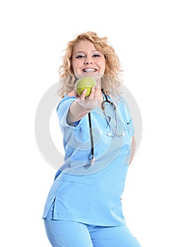 Nurse giving apple