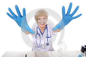 Nurse gloves stretching his arms photo