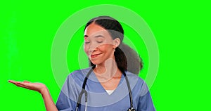 Nurse, green screen and woman with palm space in studio isolated on a background. Face portrait, medical professional
