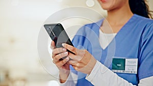 Nurse, hands and phone for healthcare communication, social media post and networking of homecare service. ADN student