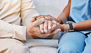 Nurse, hands and senior patient in empathy, safety and support of help, trust and healthcare consulting. Nursing home