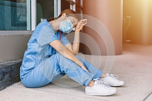 Nurse hardwork tired and fatigue. Doctor and Medical staff worker exhausted from CoronavirusCOVID-19 pandemic in hospital