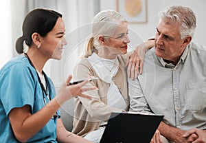 Nurse, healthcare and documents with a senior couple in their home, talking to a medicine professional. Medical