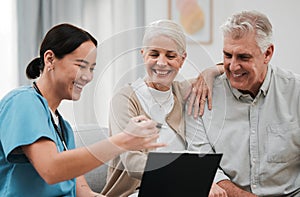 Nurse, healthcare and support with a senior couple in their home, talking to a medicine professional. Medical, insurance