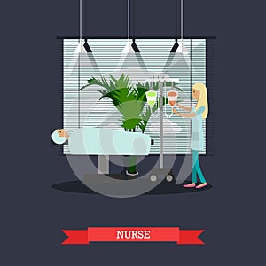 Nurse helping patient prepare to surgery in hospital. Vector medical concept flat style design